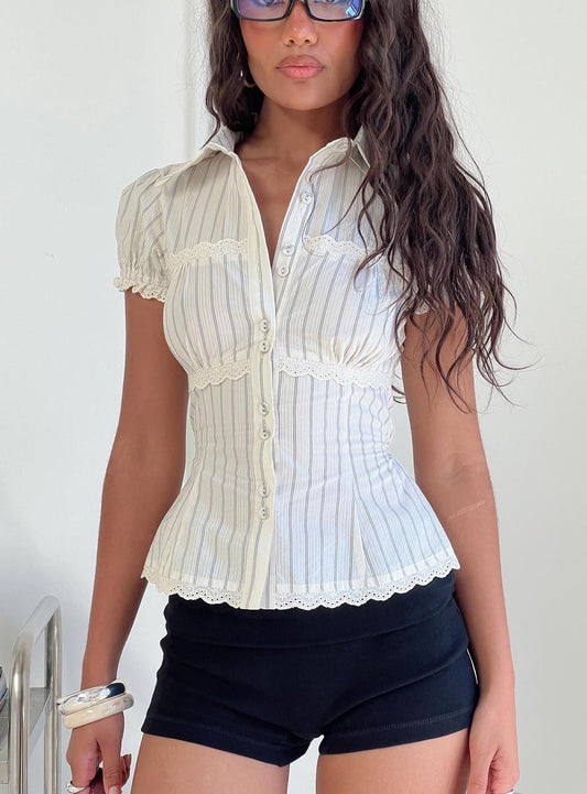 Deserve You Puff Sleeve Button Front Top Cream Stripe