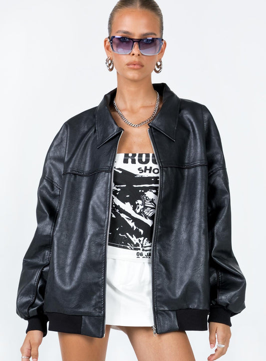 Goldsmith Faux Leather Bomber Jacket Black Petite