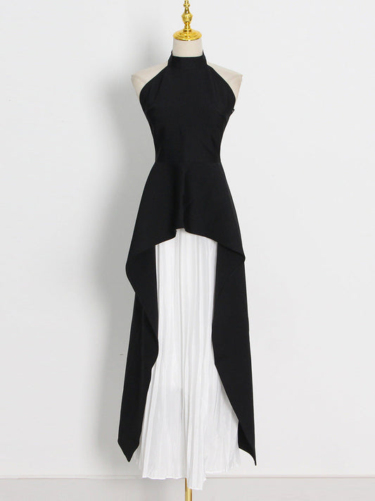 Halter Neck Sleeveless Irregular Top + Pleated Skirt Set