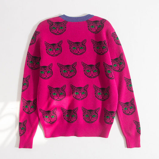 Jacquard Cute Cat Round Neck Knitted Sweater