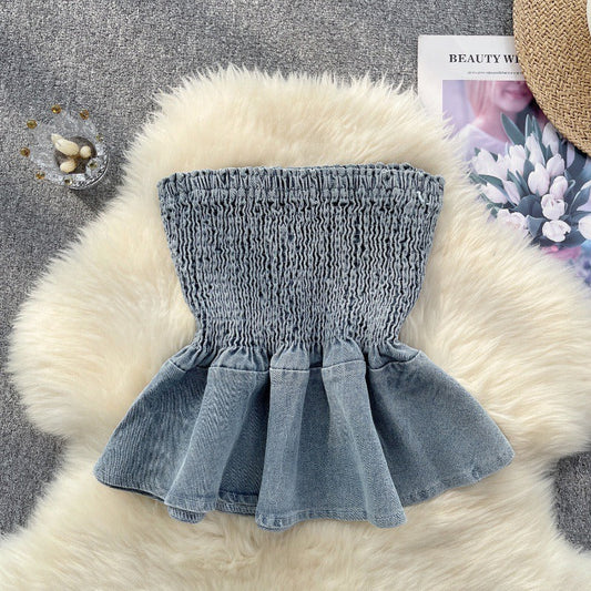 Elastic Denim Ruffle Tube Top