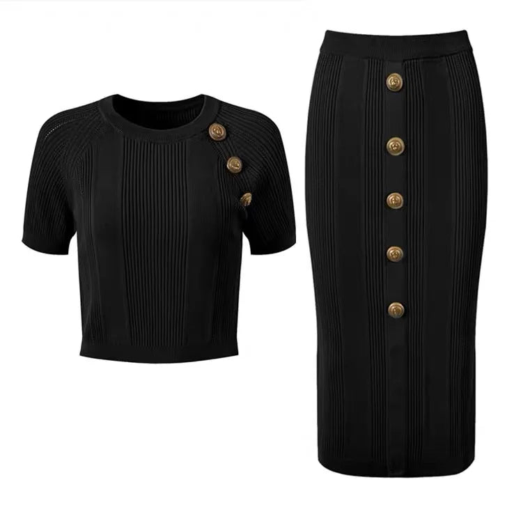 Gold Button Short Sleeve Knit Top + Pencil Skirt