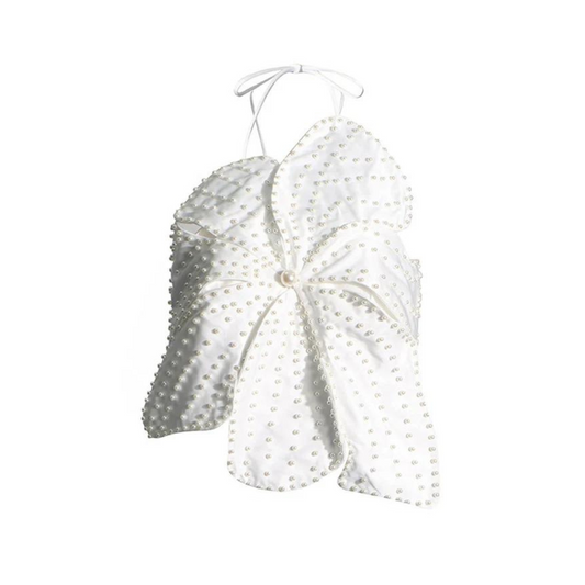 Handmade Faux Pearl Flower Backless Halter Neck Top