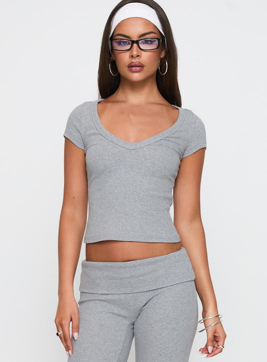 Lovely Day V Neck Top Grey Marle