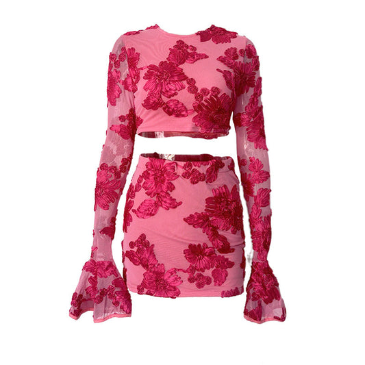 Floral Lace Crop Top and Skirt Set