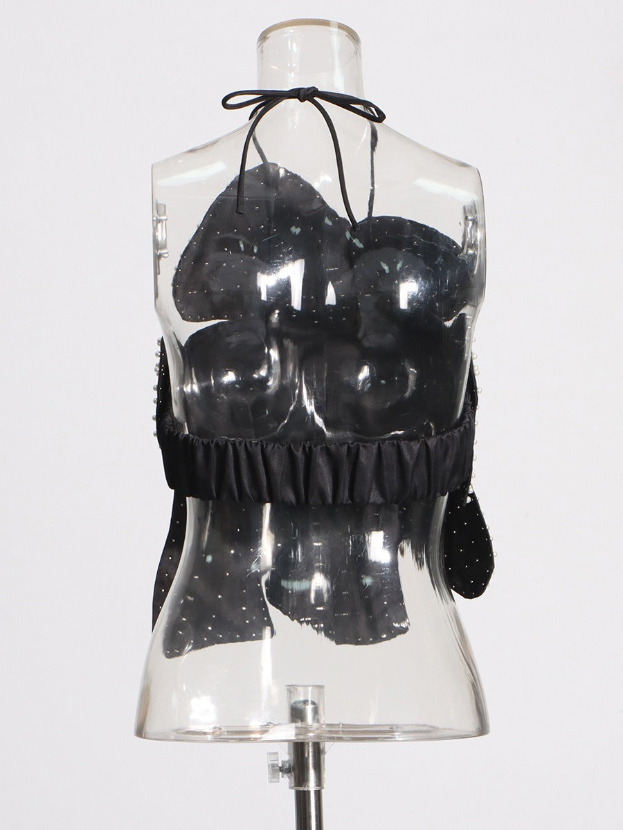 Handmade Faux Pearl Flower Backless Halter Neck Top