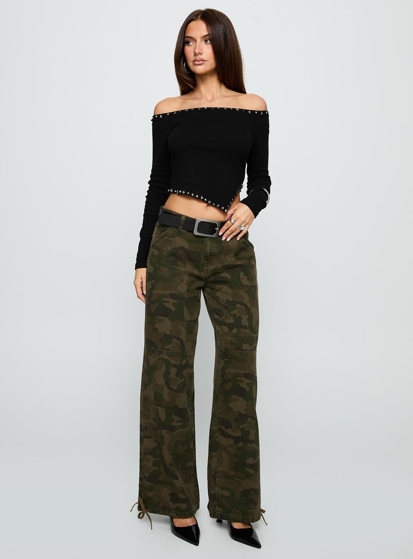 Perfect Cadence Stud Detail Off Shoulder Top Black