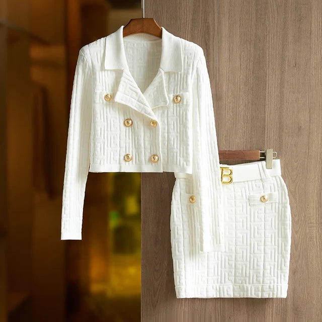Jacquard Knitted Long Sleeve Collar Top + Mini Skirt Set