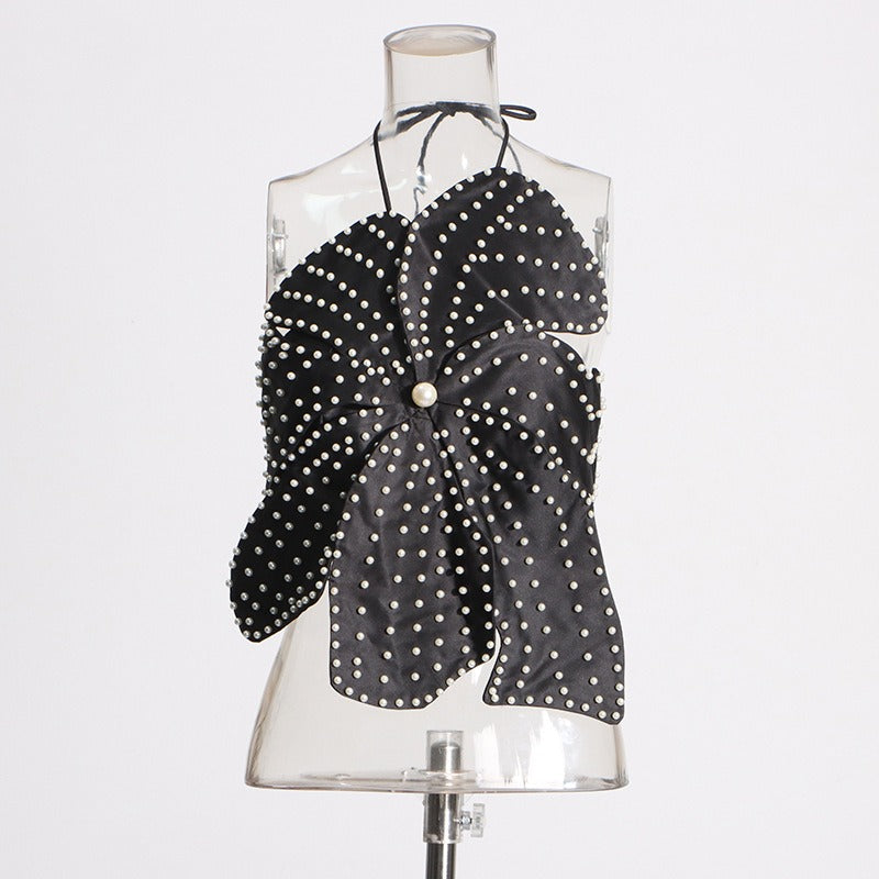 Handmade Faux Pearl Flower Backless Halter Neck Top