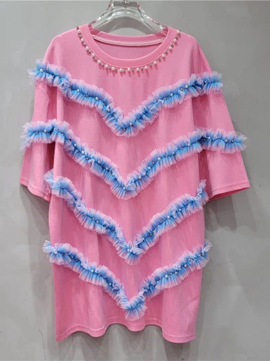 Gradient Mesh Patchwork Round Neck T-Shirt