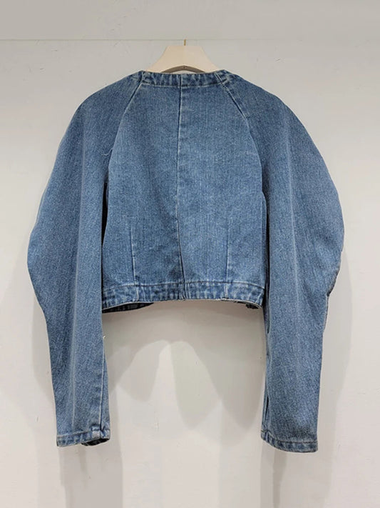 Diamond Bubble Sleeve Round Neck Short Denim Top