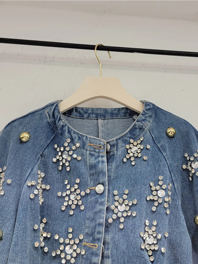 Diamond Bubble Sleeve Round Neck Short Denim Top