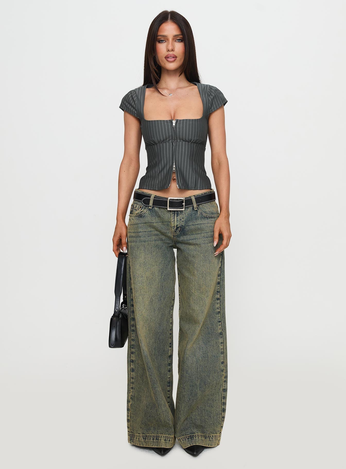 Santa Cruz Zip Through Top Grey Pinstripe