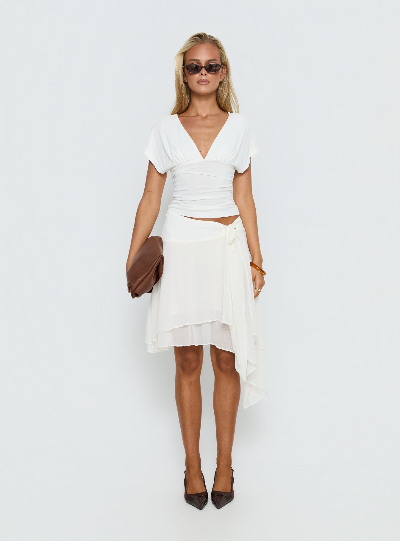 Mattey Cinched V Neck Top White