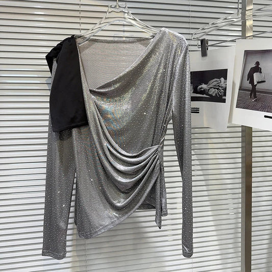 Hot Diamond Slanted Neck Pleated Mesh Top