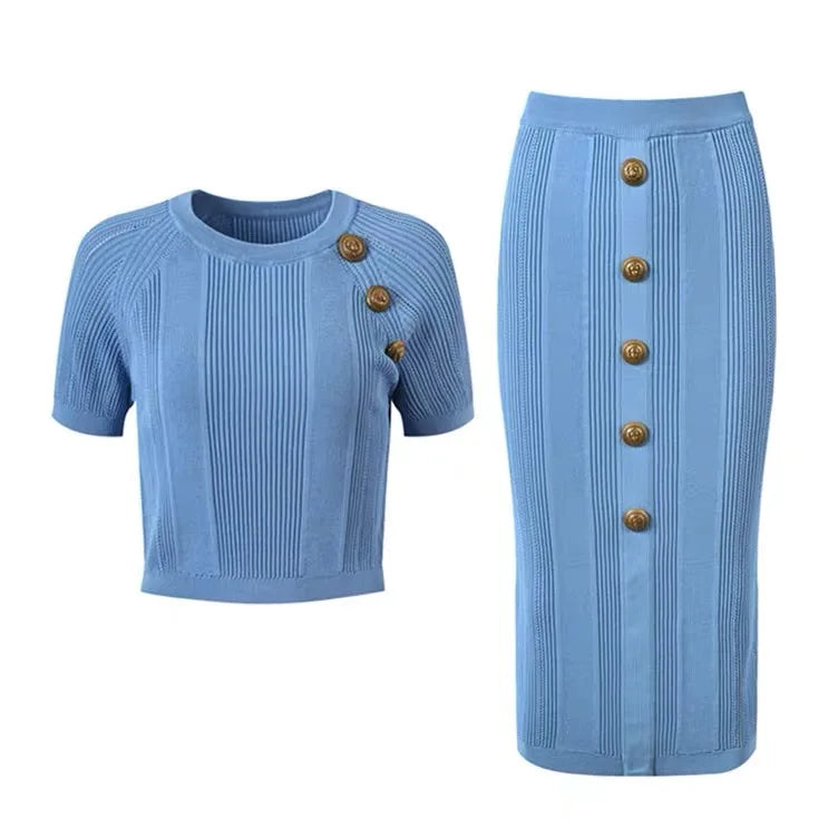 Gold Button Short Sleeve Knit Top + Pencil Skirt