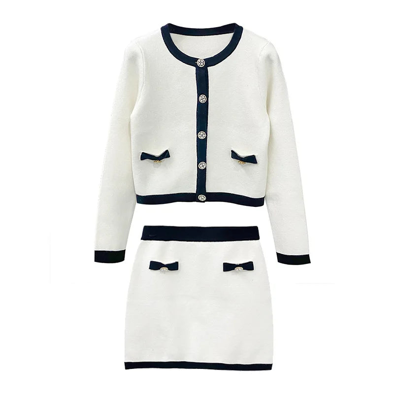 Classy Ivory White Knitted Round Neck Top + Skirt Set