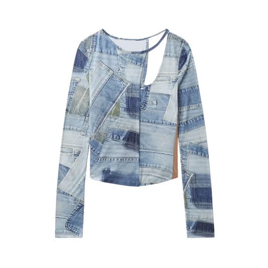 Denim Print Cut-Out Top