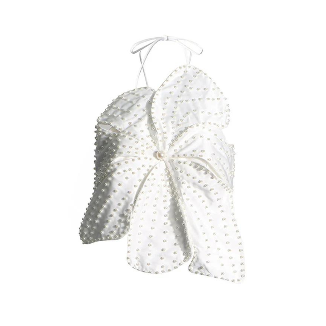 Handmade Faux Pearl Flower Backless Halter Neck Top