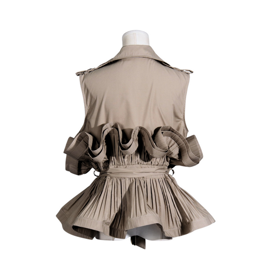 Khaki V-Neck Pleated Sleeveless Top