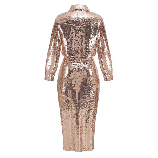 Gold High Slit Sequined Top+Skirt Set