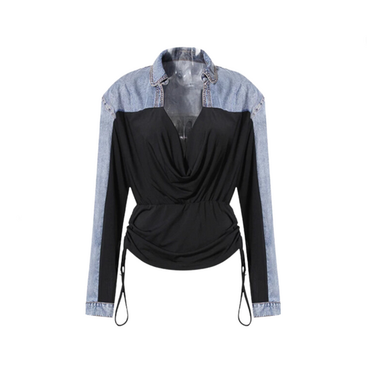 Denim Drawstring Pleated V-Neck Long Sleeve Shirt