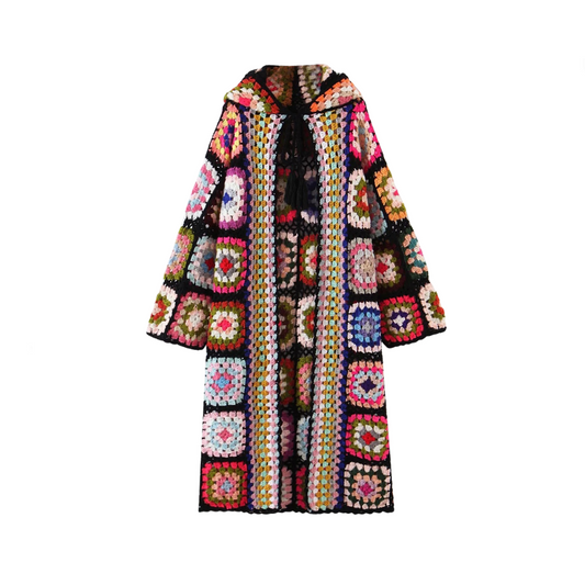 Handmade Bohemian Plaid Flower Hooded Cardigan